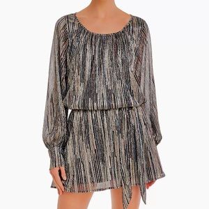 Ramy Brook Jordan Metallic Ribbed Multi Colored Long Sleeve Mini Blouson Dress S